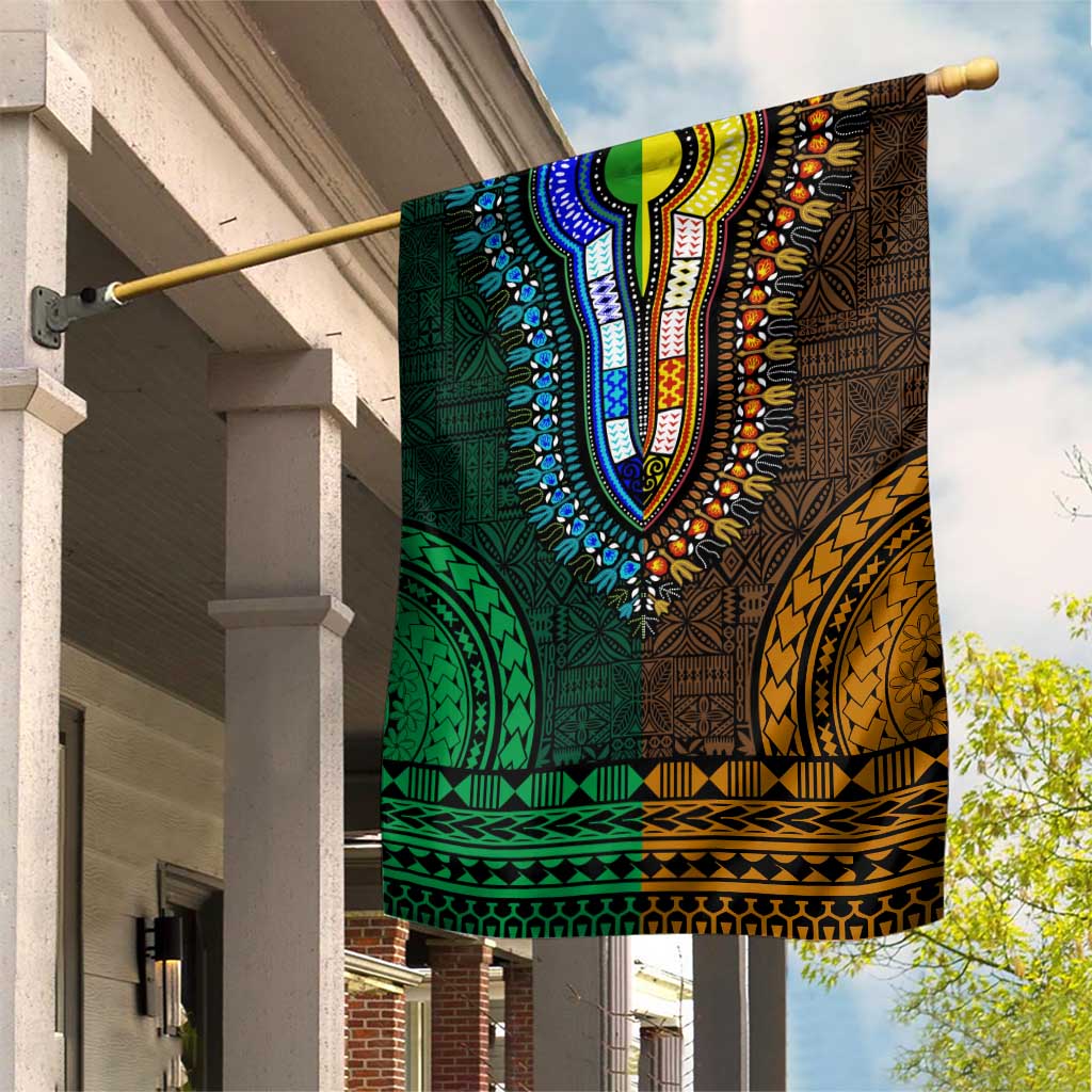 Green-gold Dashiki and Tapa Pattern Garden Flag Africa-Polynesia Together Culture