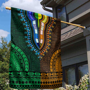 Green-gold Dashiki and Tapa Pattern Garden Flag Africa-Polynesia Together Culture