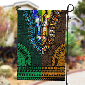 Green-gold Dashiki and Tapa Pattern Garden Flag Africa-Polynesia Together Culture