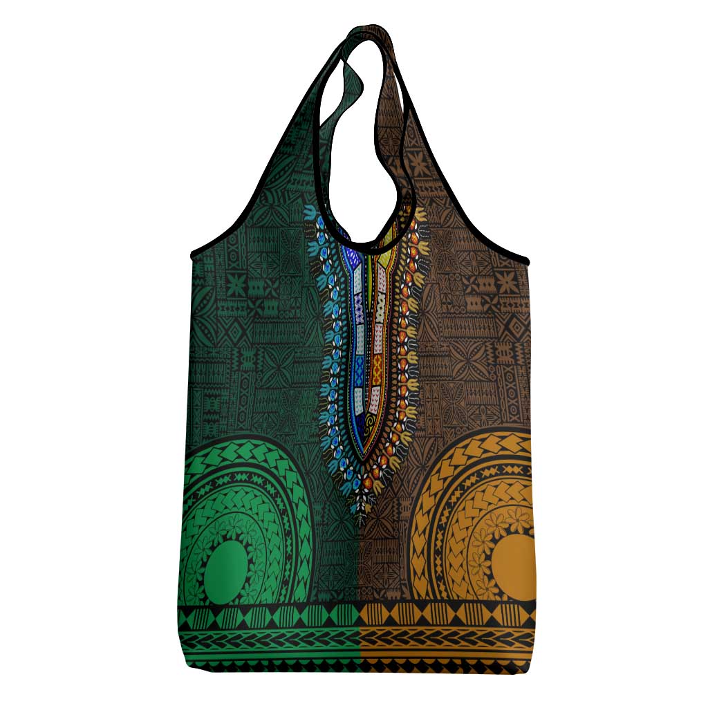 Green-gold Dashiki and Tapa Pattern Grocery Bag Africa-Polynesia Together Culture