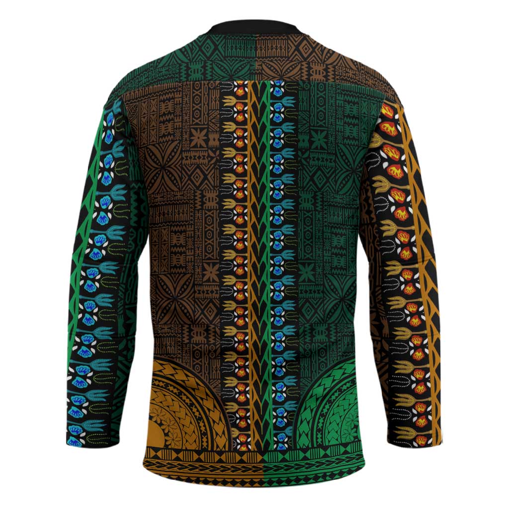Green-gold Dashiki and Tapa Pattern Hockey Jersey Africa-Polynesia Together Culture