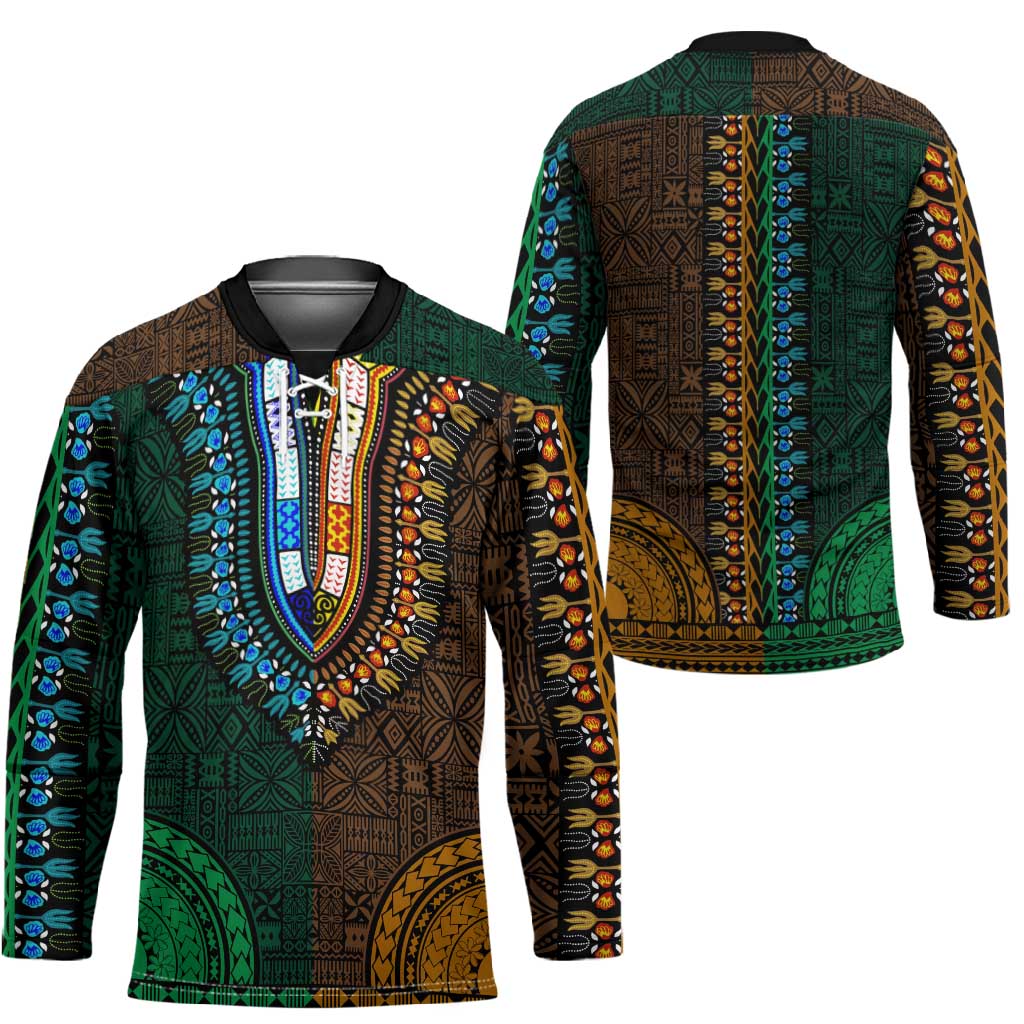 Green-gold Dashiki and Tapa Pattern Hockey Jersey Africa-Polynesia Together Culture