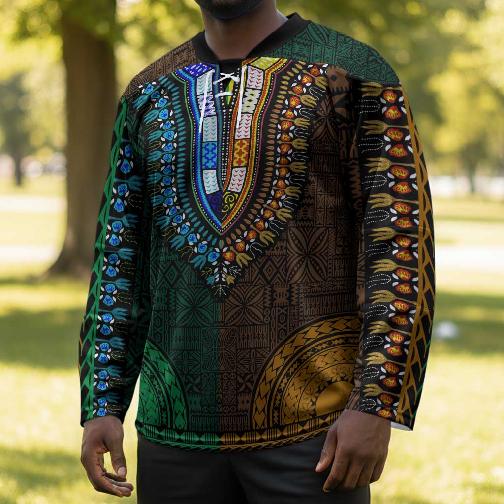 Green-gold Dashiki and Tapa Pattern Hockey Jersey Africa-Polynesia Together Culture