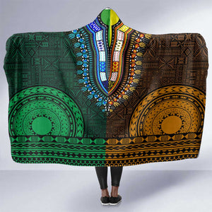 Green-gold Dashiki and Tapa Pattern Hooded Blanket Africa-Polynesia Together Culture