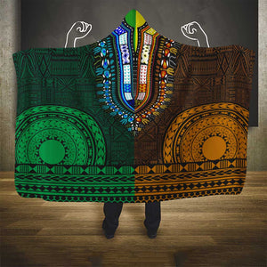 Green-gold Dashiki and Tapa Pattern Hooded Blanket Africa-Polynesia Together Culture