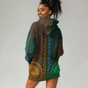 Green-gold Dashiki and Tapa Pattern Hoodie Dress Africa-Polynesia Together Culture