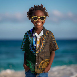 Green-gold Dashiki and Tapa Pattern Kid Hawaiian Shirt Africa-Polynesia Together Culture