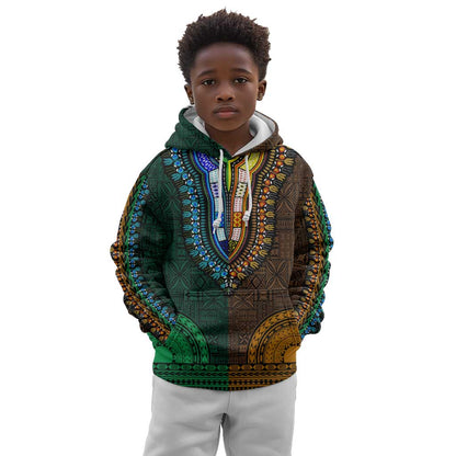 Green-gold Dashiki and Tapa Pattern Kid Hoodie Africa-Polynesia Together Culture