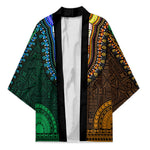 Green-gold Dashiki and Tapa Pattern Kimono Africa-Polynesia Together Culture
