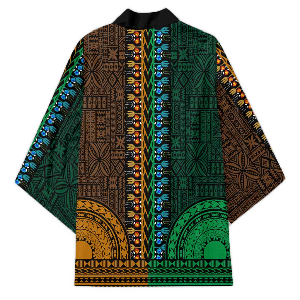Green-gold Dashiki and Tapa Pattern Kimono Africa-Polynesia Together Culture
