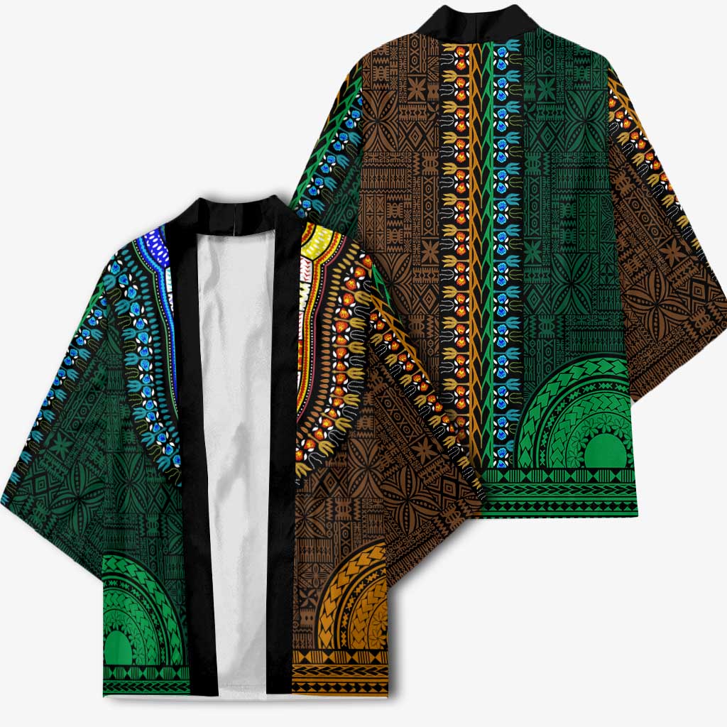 Green-gold Dashiki and Tapa Pattern Kimono Africa-Polynesia Together Culture