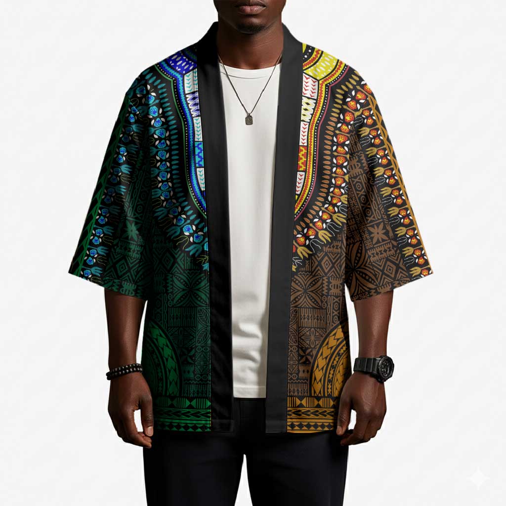 Green-gold Dashiki and Tapa Pattern Kimono Africa-Polynesia Together Culture
