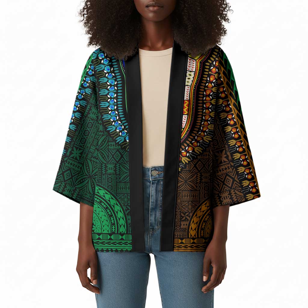 Green-gold Dashiki and Tapa Pattern Kimono Africa-Polynesia Together Culture