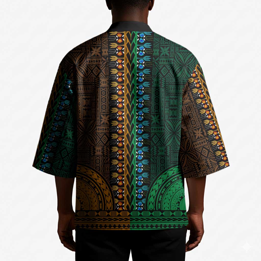 Green-gold Dashiki and Tapa Pattern Kimono Africa-Polynesia Together Culture
