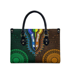 Green-gold Dashiki and Tapa Pattern Leather Bag Africa-Polynesia Together Culture