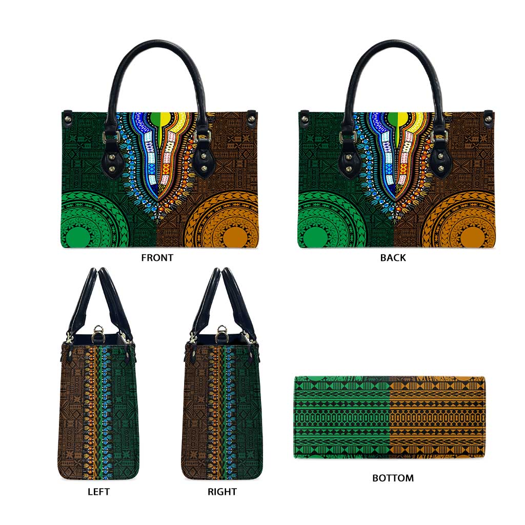 Green-gold Dashiki and Tapa Pattern Leather Bag Africa-Polynesia Together Culture