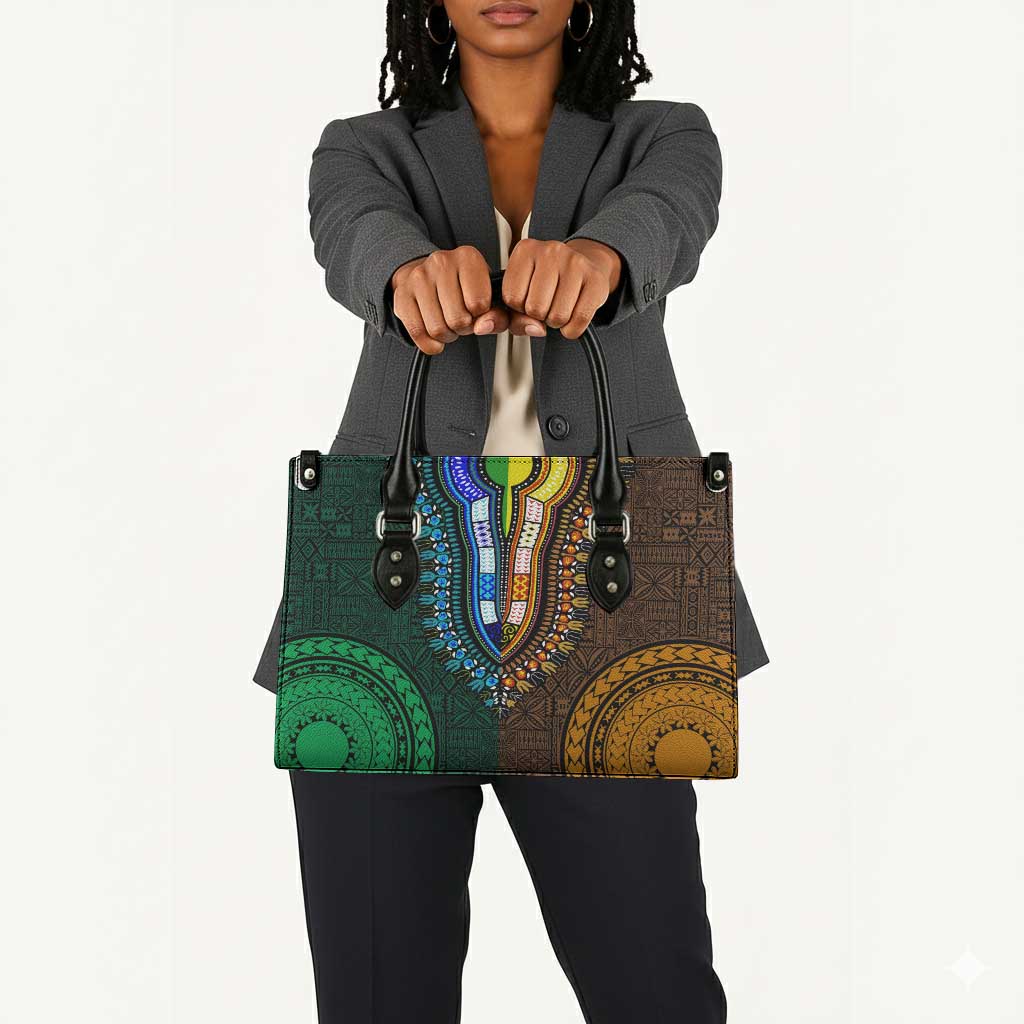 Green-gold Dashiki and Tapa Pattern Leather Bag Africa-Polynesia Together Culture