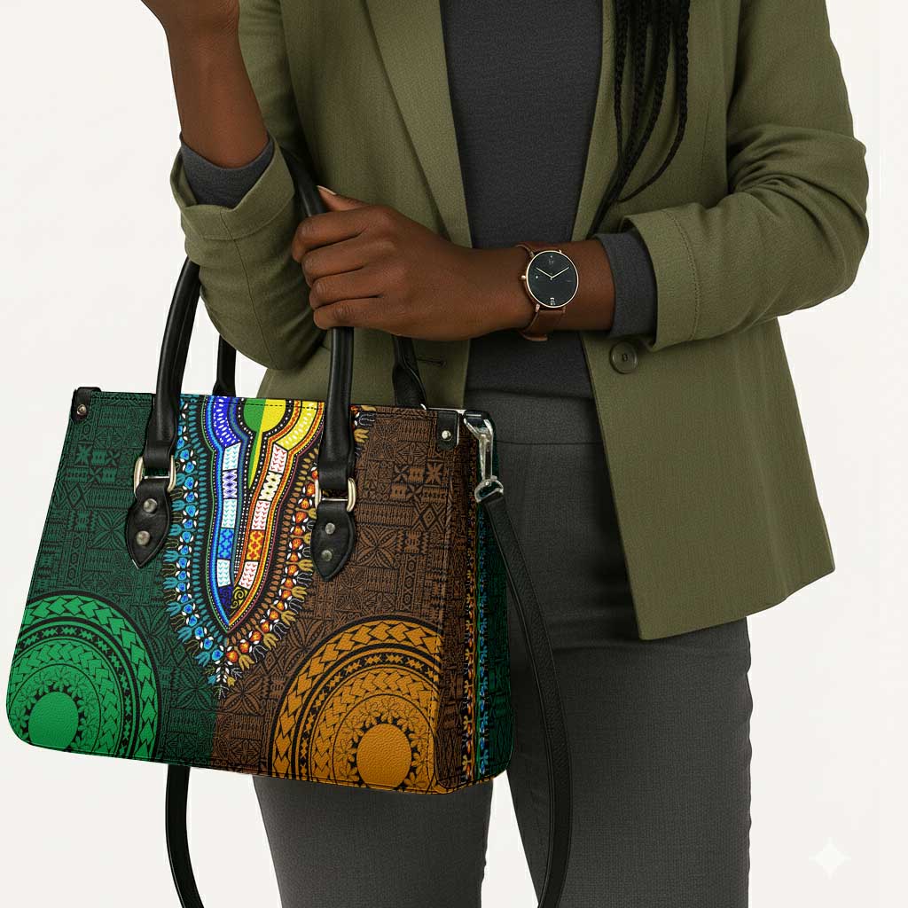 Green-gold Dashiki and Tapa Pattern Leather Bag Africa-Polynesia Together Culture
