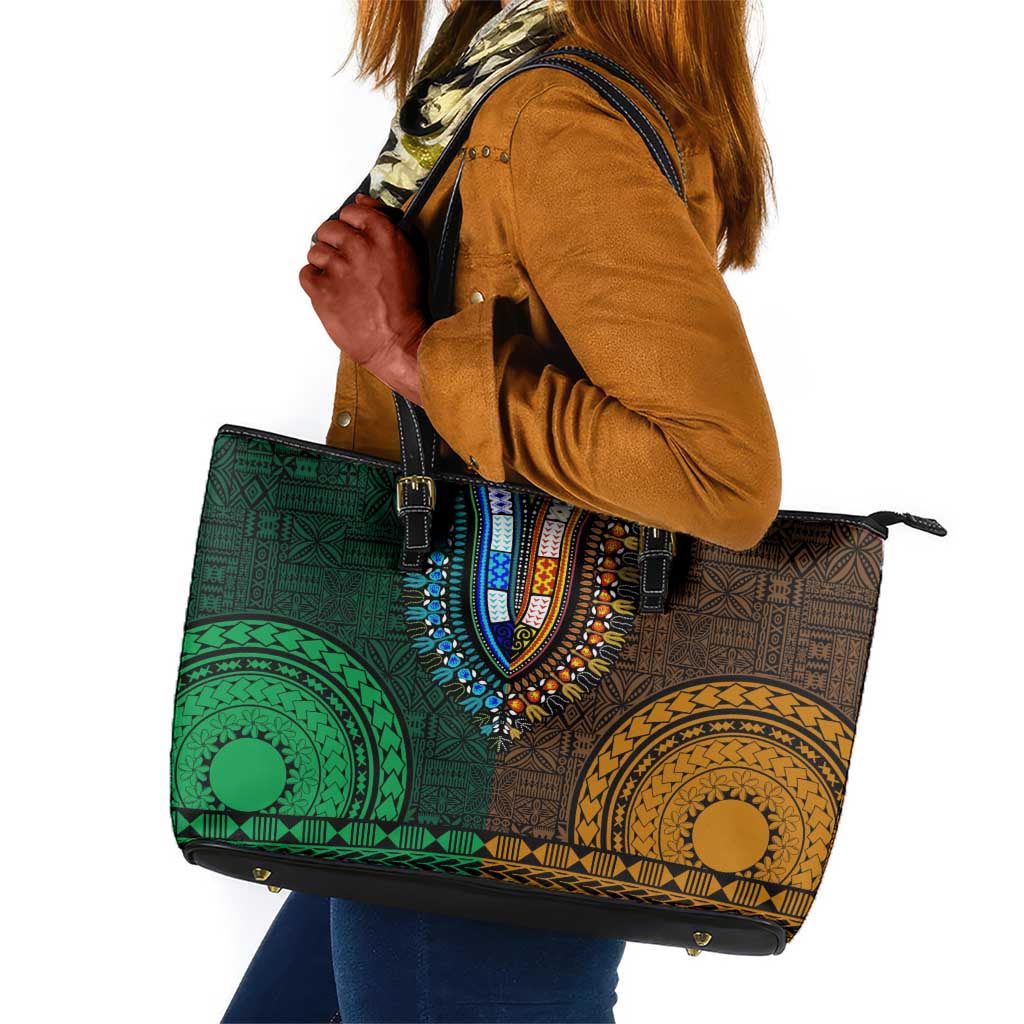 Green-gold Dashiki and Tapa Pattern Leather Tote Bag Africa-Polynesia Together Culture