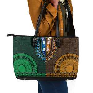 Green-gold Dashiki and Tapa Pattern Leather Tote Bag Africa-Polynesia Together Culture