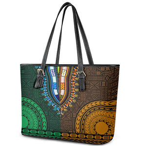 Green-gold Dashiki and Tapa Pattern Leather Tote Bag Africa-Polynesia Together Culture