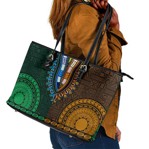 Green-gold Dashiki and Tapa Pattern Leather Tote Bag Africa-Polynesia Together Culture