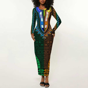 Green-gold Dashiki and Tapa Pattern Long Sleeve Bodycon Dress Africa-Polynesia Together Culture