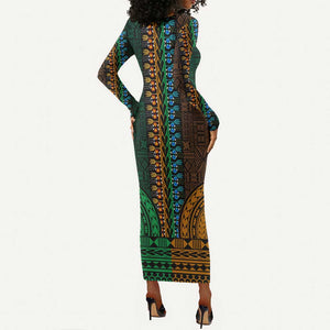 Green-gold Dashiki and Tapa Pattern Long Sleeve Bodycon Dress Africa-Polynesia Together Culture