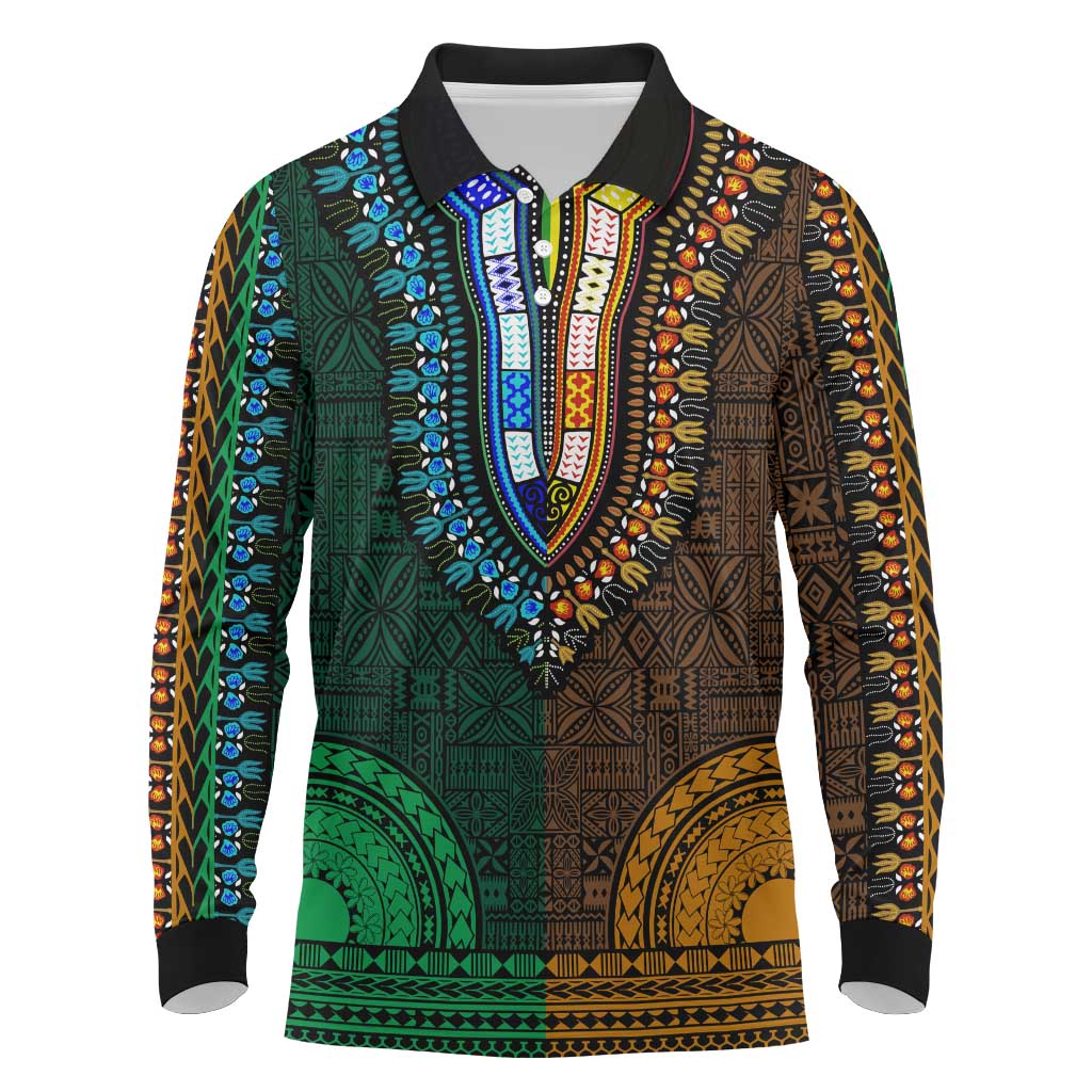 Green-gold Dashiki and Tapa Pattern Long Sleeve Polo Shirt Africa-Polynesia Together Culture