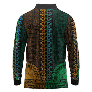 Green-gold Dashiki and Tapa Pattern Long Sleeve Polo Shirt Africa-Polynesia Together Culture