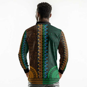 Green-gold Dashiki and Tapa Pattern Long Sleeve Polo Shirt Africa-Polynesia Together Culture