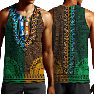 Green-gold Dashiki and Tapa Pattern Men Tank Top Africa-Polynesia Together Culture