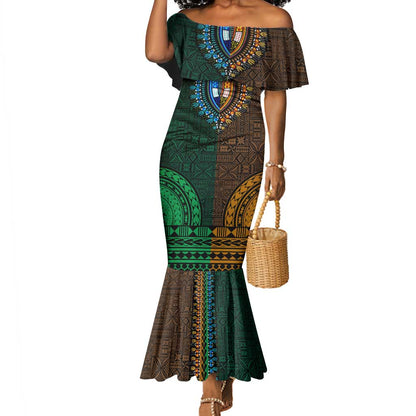 Green-gold Dashiki and Tapa Pattern Mermaid Dress Africa-Polynesia Together Culture