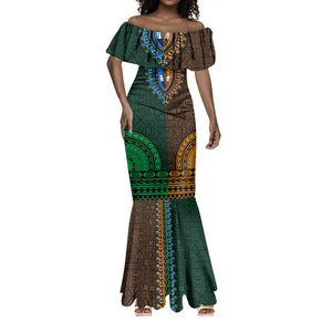 Green-gold Dashiki and Tapa Pattern Mermaid Dress Africa-Polynesia Together Culture