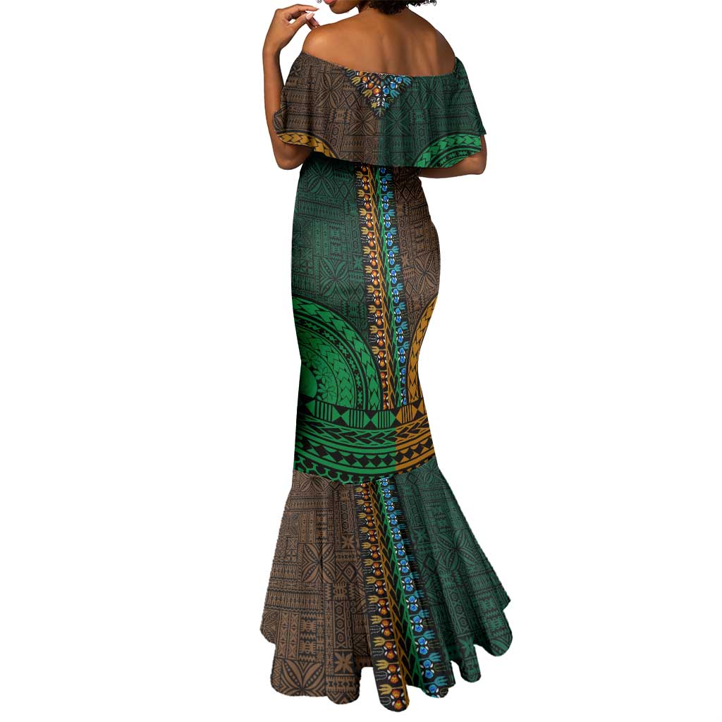 Green-gold Dashiki and Tapa Pattern Mermaid Dress Africa-Polynesia Together Culture