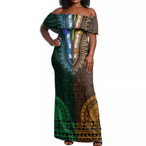 Green-gold Dashiki and Tapa Pattern Off Shoulder Maxi Dress Africa-Polynesia Together Culture