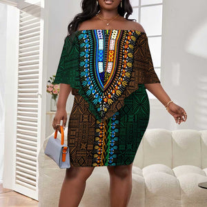 Green-gold Dashiki and Tapa Pattern Off Shoulder Short Dress Africa-Polynesia Together Culture