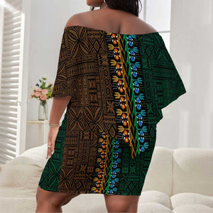 Green-gold Dashiki and Tapa Pattern Off Shoulder Short Dress Africa-Polynesia Together Culture