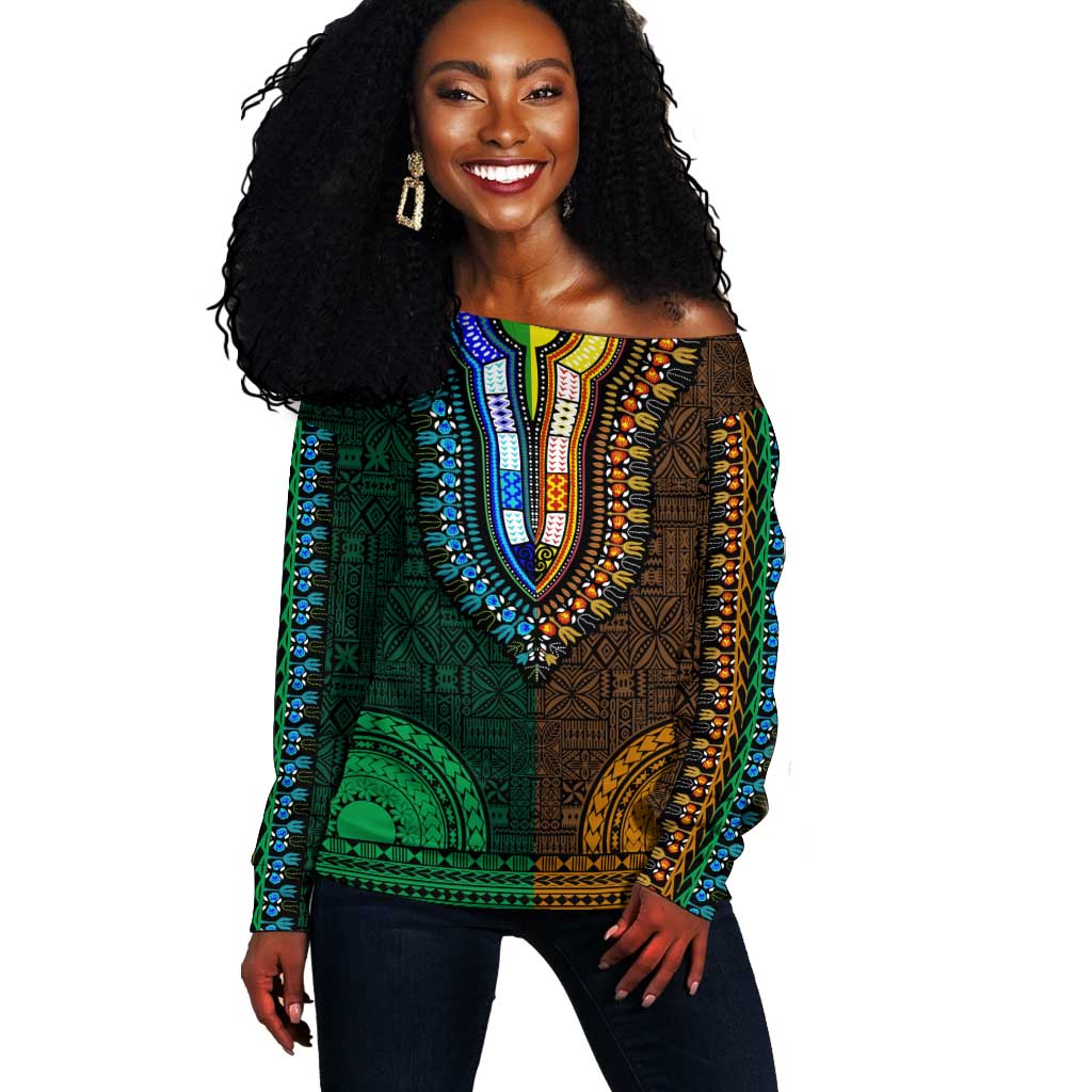 Green-gold Dashiki and Tapa Pattern Off Shoulder Sweater Africa-Polynesia Together Culture