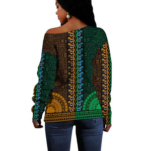 Green-gold Dashiki and Tapa Pattern Off Shoulder Sweater Africa-Polynesia Together Culture