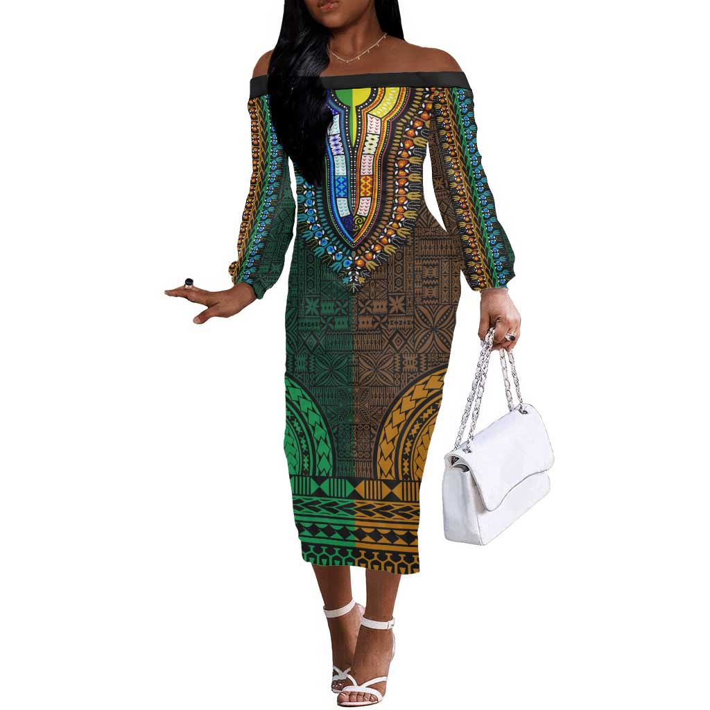 Green-gold Dashiki and Tapa Pattern Off The Shoulder Long Sleeve Dress Africa-Polynesia Together Culture