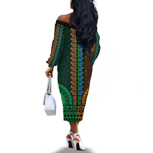 Green-gold Dashiki and Tapa Pattern Off The Shoulder Long Sleeve Dress Africa-Polynesia Together Culture