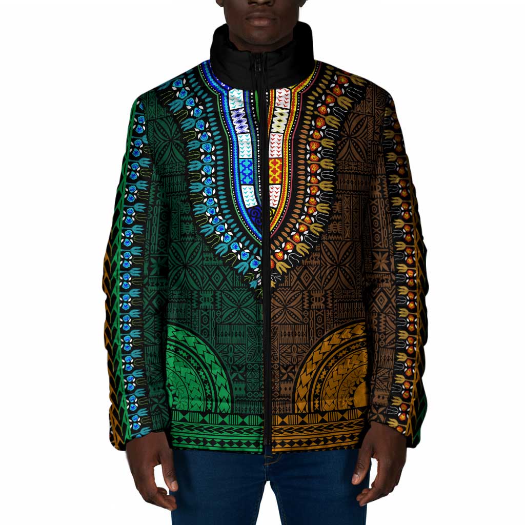Green-gold Dashiki and Tapa Pattern Padded Jacket Africa-Polynesia Together Culture