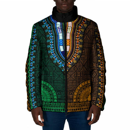 Green-gold Dashiki and Tapa Pattern Padded Jacket Africa-Polynesia Together Culture