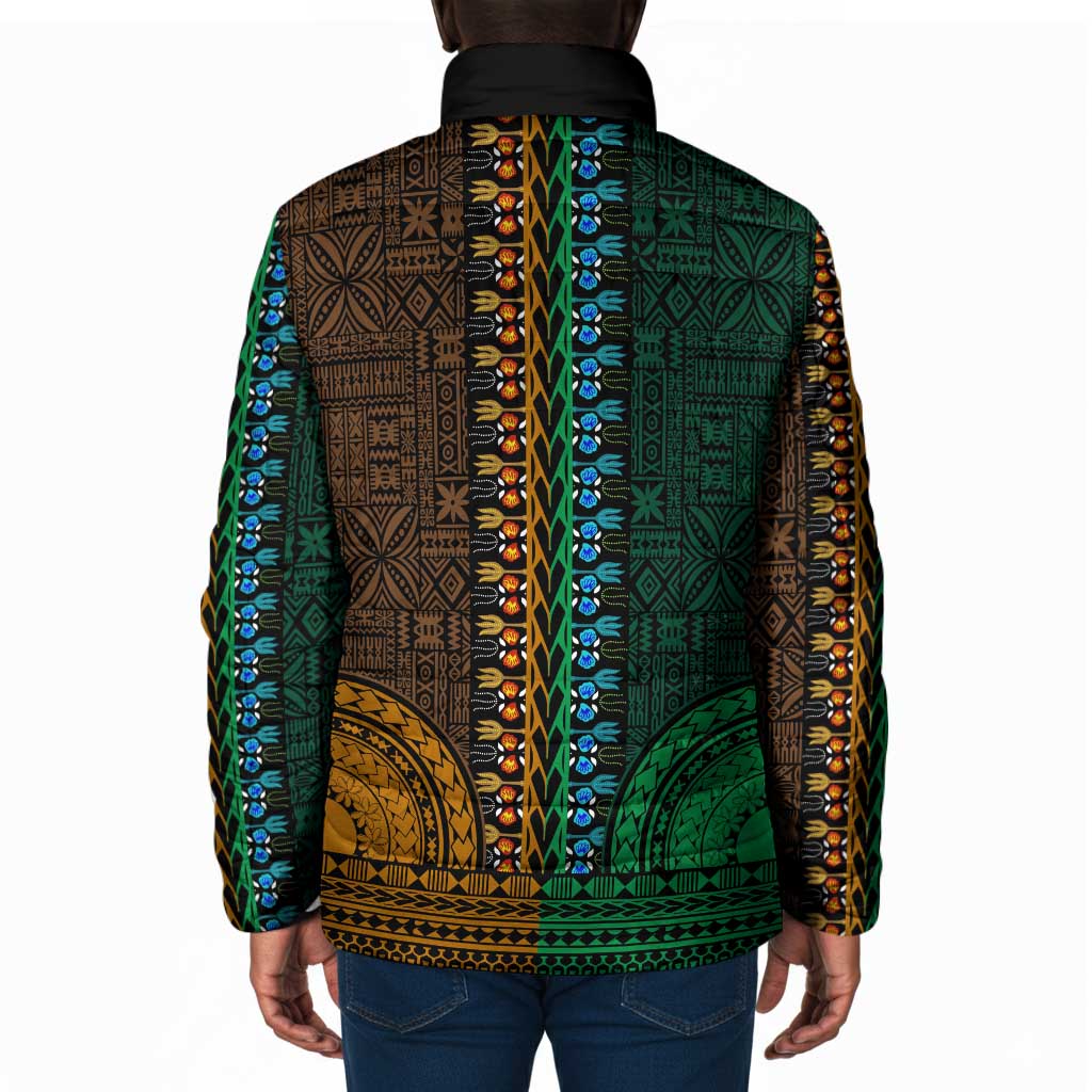 Green-gold Dashiki and Tapa Pattern Padded Jacket Africa-Polynesia Together Culture