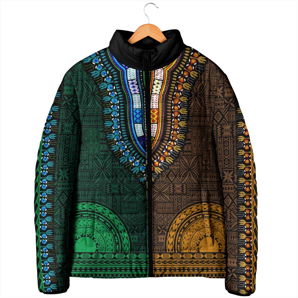 Green-gold Dashiki and Tapa Pattern Padded Jacket Africa-Polynesia Together Culture
