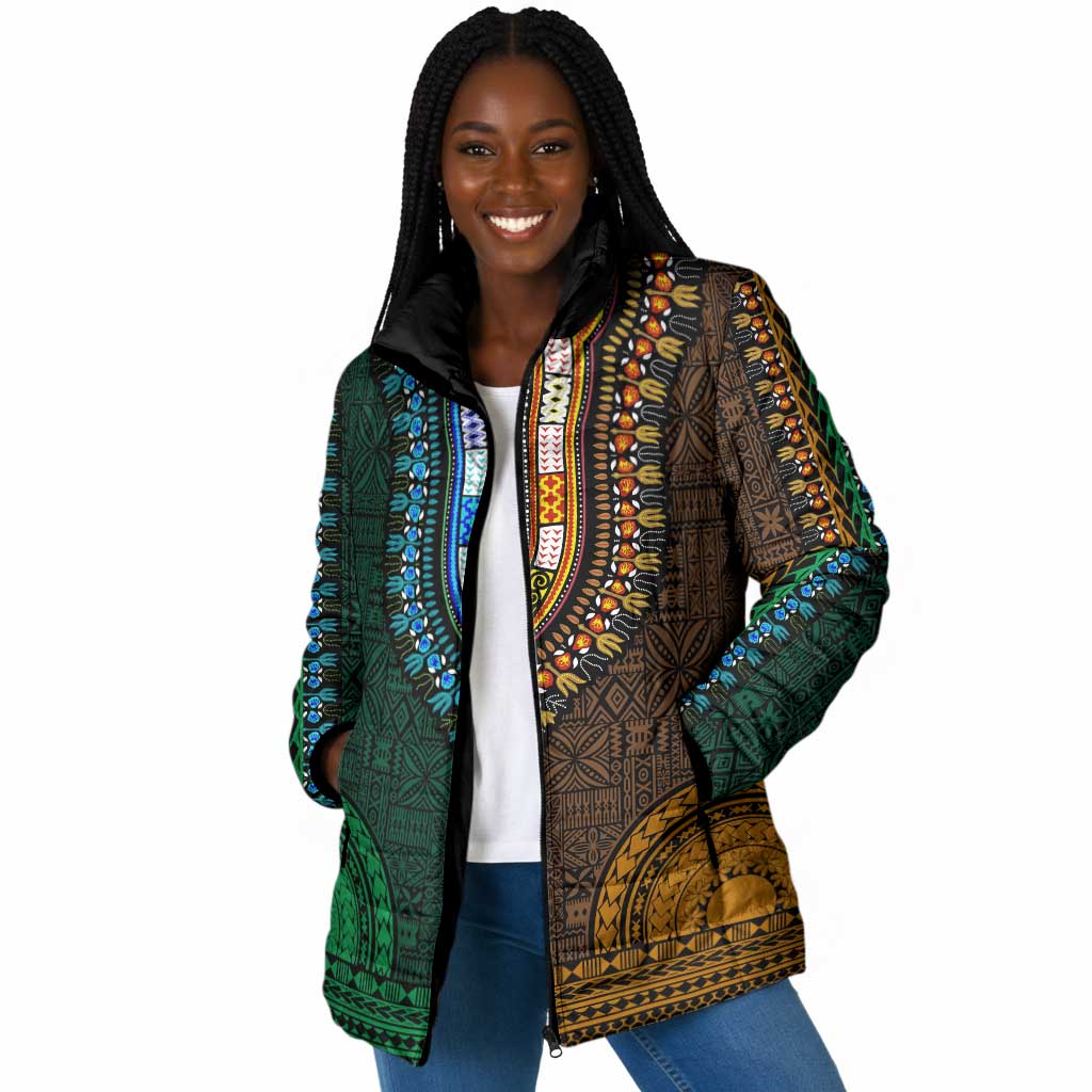 Green-gold Dashiki and Tapa Pattern Padded Jacket Africa-Polynesia Together Culture
