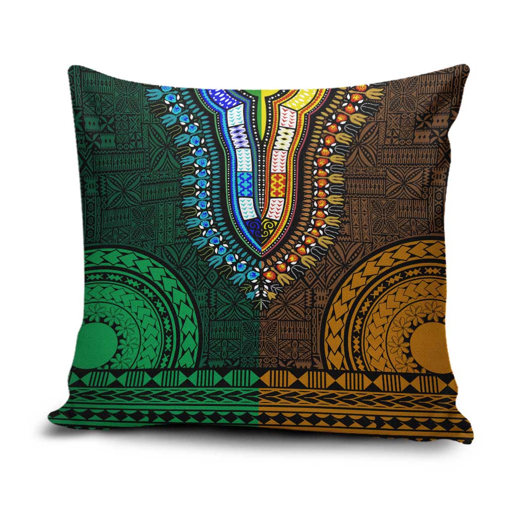 Green-gold Dashiki and Tapa Pattern Pillow Cover Africa-Polynesia Together Culture