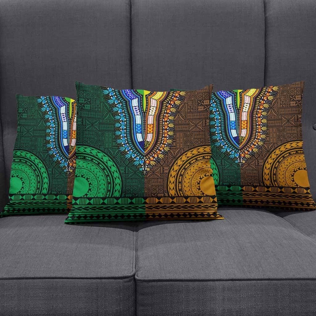 Green-gold Dashiki and Tapa Pattern Pillow Cover Africa-Polynesia Together Culture