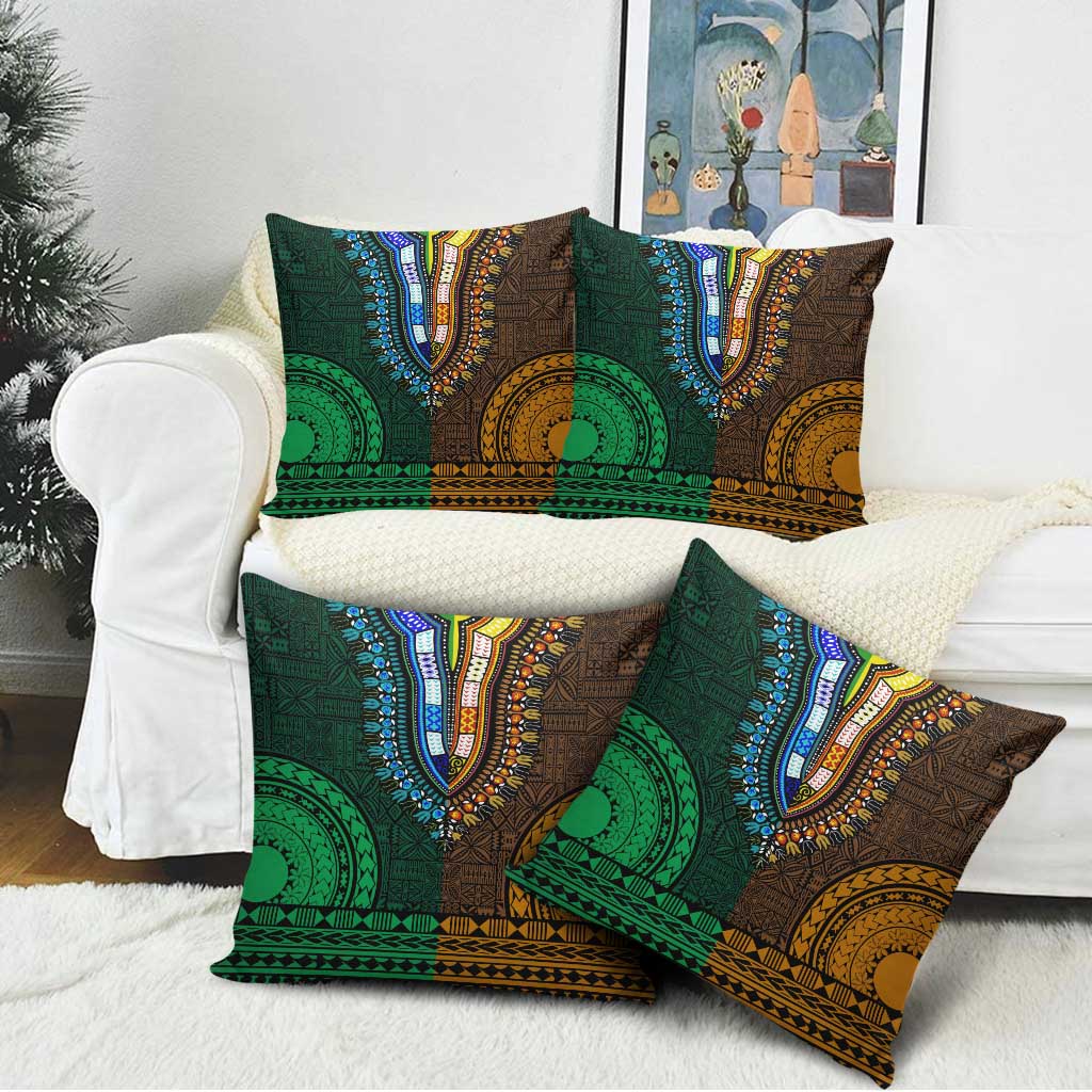 Green-gold Dashiki and Tapa Pattern Pillow Cover Africa-Polynesia Together Culture